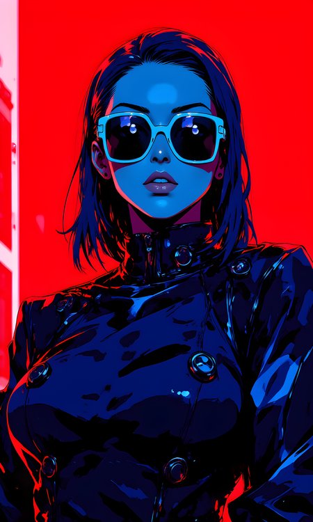 A striking and artistic portrait featuring a woman with a bold and futuristic aesthetic. The background is a deep, rich red that contrasts sharply with the cool blue tones of her outfit and skin. The woman is wearing large, white-framed sunglasses that add to the overall retro-futuristic vibe.
Her hair is styled in a sleek, pulled-back manner, and she has a confident and slightly defiant expression on her face. She is dressed in a high-collared, metallic-looking jacket with large buttons, which gives her a strong and commanding presence. The lighting in the image is dramatic, with shadows and highlights that emphasize the contours of her face and the texture of her clothing.
The overall mood of the image is one of strength, confidence, and individuality. The combination of the vibrant colors, the stylish outfit, and the woman's pose creates a visually stunning and memorable photograph.
j_art, j_anime, UNI_SCI_FI_CORE, <lora:FLUX\UNI_FI_NoCAP:0.7>, <lora:FLUX\jul\J_Anime:0.7>, <lora:FLUX\RealAnime:0.7>