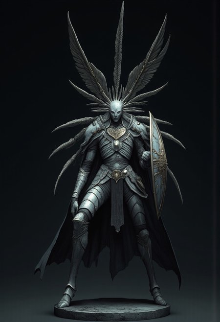Standing in a hyper extended action pose
A feathered knight with a cape, holding a templar shield, and a gladiator sword
Set against a solid dark color background to emphasize its unsettling unnatural form that emphasizes its silhouette. The medium is not a traditional painting or illustrative medium like watercolor or ink but rather a digital 3D rendering.
MikeFranchinastyle, d4artstyle, d4concept, , bbstyle,, horror theme,, zbrush, ZBClay model of a gray sculpture, 1990's, 1990's style
