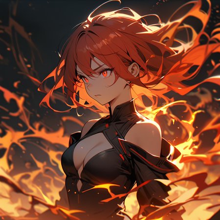 1girl,solo,fire,floating hair,bare shoulders,nose,fiery red hair,fiery red eyes,<lora:huoyanjingling_XL-000007:0.6>,medium breasts,cleavage,upper body,blcak jacket,