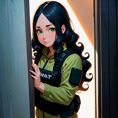 anime, best quality, (masterpiece:1.4), (high quality:1.4), sharp focus, 4k, absurd resolution, detailed hands, curly hair, long hair, (black hair:1.6), 1girl, mature female, (parted hair:1.7), (round face), (no_bangs:1.3), (no_fringe:1.6), <lora:ETO_OC_XL:0.7>, (thick eyebrows:0.9), (plump:0.8), round-chin, (greenish brown eyes), (brownish green eyes), caucasian, down-turned eyes, 1girl, (forehead:0.65), <lora:swat gear_xl:0.7> swat gear, weapon, (Standing in a doorway, half in shadow, half in light, creating a mysterious mood,)