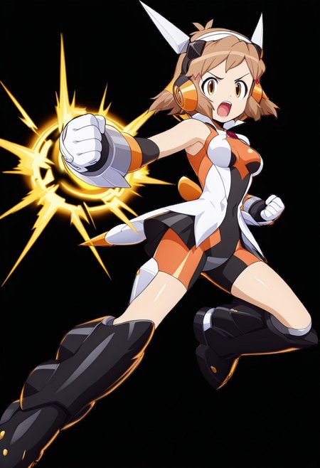 masterpiece, best quality, amazing quality, very aesthetic, absurdres, newest,shiny skin,, anime screenshot,  anime coloring,  <lora:TachibanaHibikiSeason1:1>short hair, 1girl, brown hair, solo, gungnirseason1, hair ornament, bodysuit, headphones, hairclip, headgear boots fighting stance,  looking at viewer,  simple background,  black background,   open mouth,  powering up,  clenched hands, looking at viewer, xdive,