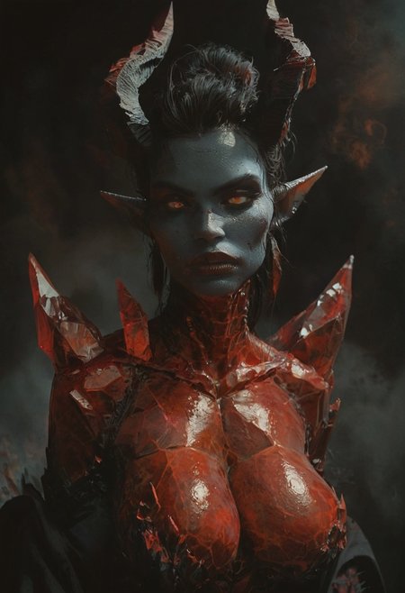 score_9, score_8_up, score_7_up, score_6_up,  demon, horns, crystal skin, large breasts, round breasts,