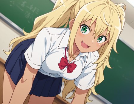 score_9, score_8_up, score_7_up, source_anime,
hibikisakura, <lora:hibiki-sakura-s1-ponyxl-lora-nochekaiser:1>
hibiki sakura, long hair, blonde hair, hair between eyes, twintails, green eyes, fang, dark skin, dark-skinned female, gyaru, mature female,
skirt, shirt, bow, school uniform, white shirt, short sleeves, collared shirt, bowtie, red bow, red bowtie,
indoors, classroom, smile, bent over,
looking at viewer, dutch angle, cowboy shot