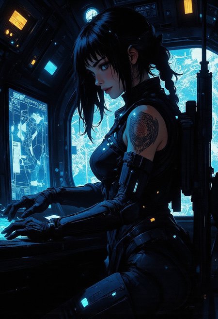 In the style of ff-td, nistyle, Silhouette Art, magnificent, inksplash, crisp lines, closeup portrait of stunning sci-fi space marine, flight deck, spaceship control room, beautiful girl, breasts, curvy, looking at viewer, holographic displays, leaning against table, sniper rifle on back, smirk, holographic map table, dark braided hair, backwards hat, spartan armor, halo game, black armor, blue highlights on armor, chest armor, sci-fi armor, sleeveless, arm sleeve tattoos, muscle tone, dogtags, armored legs, sweaty, directional lighting, dark background, blue lights, foreshortening, depth of field, 
Closeup, detailed face, freckles,