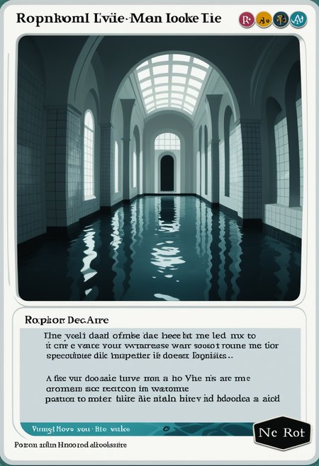 c4rd,english text,character name,
poolrooms, 3d, no humans, indoors, scenery, water, tile floor, tile wall, 
,score_9,score_8_up,score_7_up, source_anime,
 <lora:MTG_card_v2:1> <lora:background_liminalspaces_ponyXL:1>