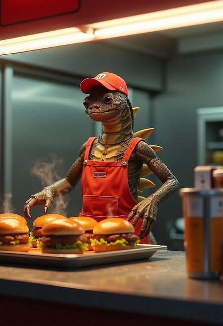 A scorpion standing behind a fast-food counter, serving burgers with one claw while the other rests on the countertop. The scorpion's chitin glistens under the fluorescent lighting, reflecting natural textures of its exoskeleton. It wears a simple fast-food uniform—red cap and apron, slightly weathered from use. The burgers are steaming on the tray, with a glossy shine on the buns and fresh toppings. Behind the scorpion, the kitchen equipment is visible, with realistic metal textures and soft shadows cast by the overhead lights. 16k, masterpiece.