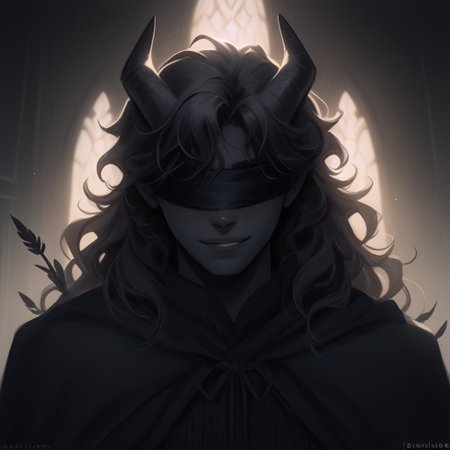 Score_9, Score_8_up, Score_7_up, (masterpiece), best quality, blindfolded, perfect face, perfect anatomy, portrait, Tiefling, pointed ears, horns, short horns, tail, tail up, black skin, handsome young man, young adult, slim, black hair, wavy hair, wavy, volumize hair, semi long hair length, black clothing, sorcerer cloak, romantic perspective, smiling, nervous, beautiful perspective. sorcerer robes, indoors of a magical tavern, warm lighting in the background, soft lighting, crow feathers falling in the background, shoulder length hair, short hairstyle
