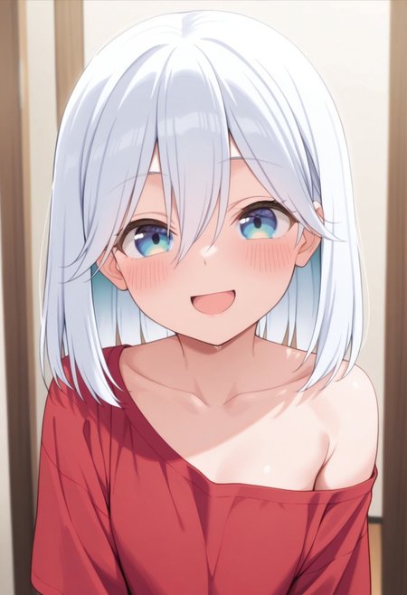 masterpiece,best quality,amazing quality, amagami asahi, blue-white hair, blue eyes, 1girl, solo, smile, looking at viewer, blush, open mouth, off shoulder, upper body, red shirt, :d, shirt, collarbone, medium hair, hair between eyes