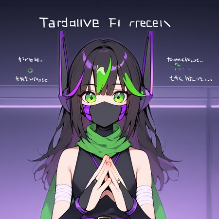 <lora:pixgkb:1> solo, p1x, streaked hair, black hair, green eyes, mouth mask, green pelvic curtain, two-tone pants, brown scarf, sleeveless black shirt, purple belt, purple jewelry, black bridal gauntlets, robot ears, bandaged legs, black shoes,
 <lora:TradeOfferMeme_XLPD:0.8> TradeOfferMeme, own hands together, upper body
