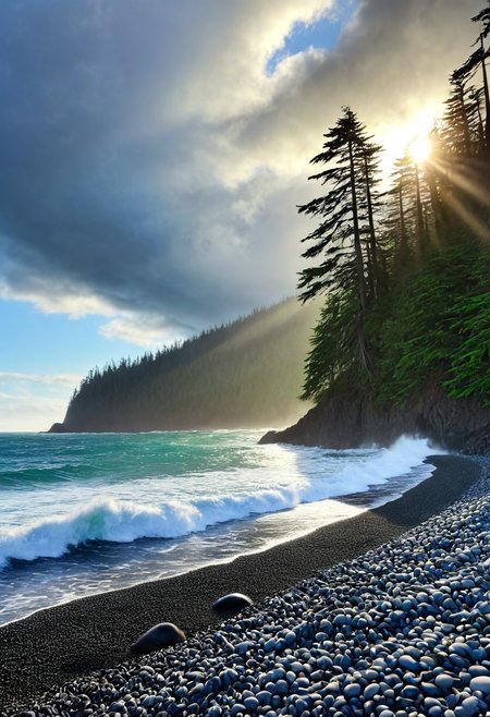 a photograph of a beach on the Pacific northwest coast, rocky pebble beach, a large looming evergreen cedar Forrest looming, the ocean is vibrant and crashing, deep vivid blues and greens, the sky is grey and clouds are heavy the sun is radiating however cutting through a break in the thick looming storm clouds, epic, realism, photo-realism, highest quailty, highest detail, professional, landscape, nature
