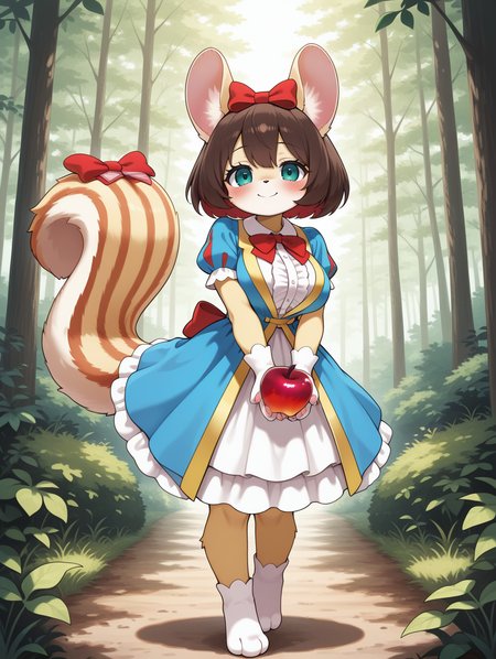 fairy tail - snow,1girl,apple,solo,squirrel girl,smile,red bow,full body,blush,blue frilled dress,holding apple,looking at viewer,large breasts,tail ornament,white paw gloves,white paw socks,animal nose,body fur:1.2,forest,furry female, 
masterpiece,best quality,amazing quality,very aesthetic,absurdres,newest,<lora:Fairy Tail snow illuXL v1.1:0.7>,