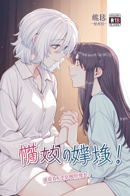 masterpiece, best quality, amazing quality,
 <lora:Girltrap_IL:1> strgrltrp, multiple girls, 2girls, yuri, cover, long hair, red eyes, cover page, black hair, smile, holding hands, looking at another, shirt, short hair, white hair, sitting