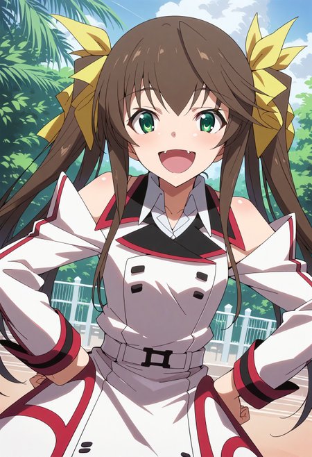 score_9, score_8_up, score_7_up, source_anime, masterpiece, best quality,perfect anatomy,rin,def,hands on own hips,open mouth,smile,happy,skin fang,rating_safe,happy,cowboy shot,looking at viewer,pov,outdoor,dutch angle  <lora:rin.pony:1>