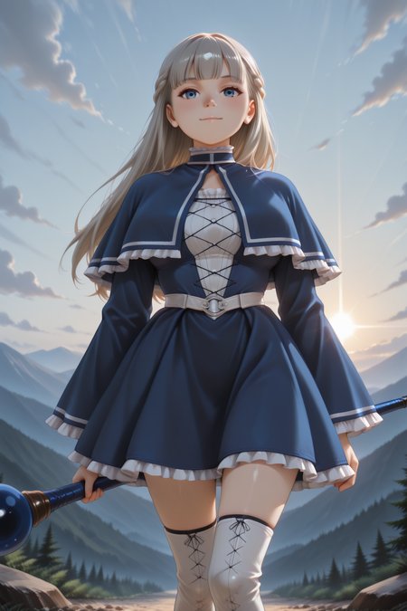 masterpiece, best quality, amazing quality, 1girl, solo, makeup, from front, general, looking at viewer, blush, sunlight, nature, hill, light smile, sky, cloud, (day), <lora:sousou_no_frieren_lawine:1>, sousou_no_frieren_lawine, long hair, straight hair, grey hair, blunt bangs, blue eyes, breasts, long sleeves, wide sleeves, frilled sleeves, blue dress, frilled dress, blue capelet, frilled capelet, french braid, cross-laced clothes, white belt, zettai ryouiki, thighhighs, boots, white footwear, holding, blue staff, <lora:wai-2Rectified-V140:1>, <lora:Illustrious_-_Refiner:1>