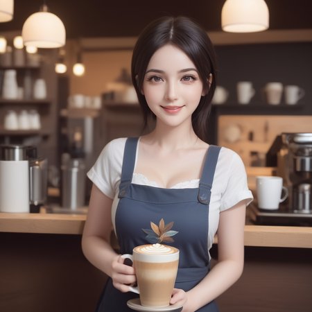 (masterpiece:1.2),1girl,pale_skin,realistic skin,large breasts,facing viewer,looking at viewer,A skilled barista wearing a stylish apron over a casual tee,crafting the perfect latte art in a cozy coffee shop,medium breast,vibrant colors,black hair,smile,masterpiece,best quality,
<lora:AIGirlXL_V1:1>,, masterpiece, best quality,