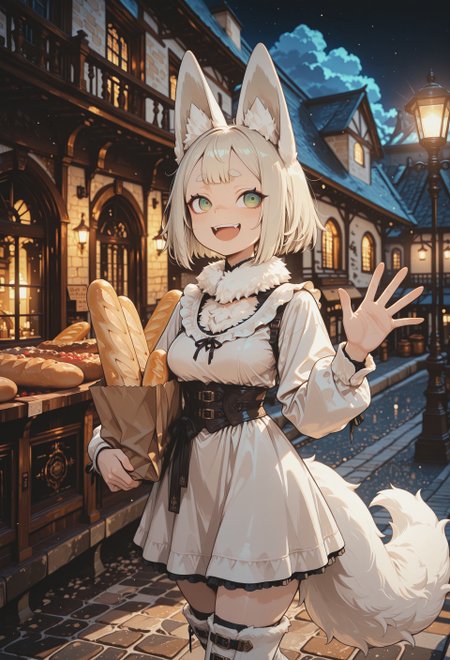 S4bit4mago_illu, in the style of cksc, masterpiece, best quality, extremely detailed, very awa, newest, 1girl, solo, short hair, platinum blonde hair, fox ears, green eyes, ringed eyes, furrowed brow, short eyebrows, thick eyebrows, neck fur, wing neckline, white fur-trim dress, thigh-high boots, white fur boots, soft fluffy tail, medium breasts, curvy, cowboy shot, close-up BREAK looking to the side, :D, waving hand at another, walking, holding a paper bag of baguette BREAK outdoors, evening, night, lamppost, bakery, display window, cobblestone, backlight, soft shadows, perspective, detailed background, film grain, depth of field, medieval architecture