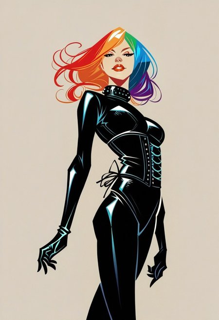 score_9, score_8_up, score_7_up, dutch_angle, from_below, footwear_focus, simple_background.
 BREAK 
A beautiful petite woman in her 20s with a rainbow hair in black leather bodysuit, long sleeves, {cowboy shot, head turned, looking at viewer}, {hair flowing, head tilted}, black rubber gloves, corset, HW_Corset, collar, tight black latex pants, belts, slim body, posing in a rainy street