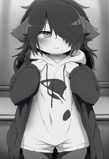 masterpiece, hyper detailed, best quality,(furry:1.3),solo, hair over one eye, hood, 1girl, black hair , standing , monochrome  ,<lora:DAGASIXLlokr8f-000188:0.95>