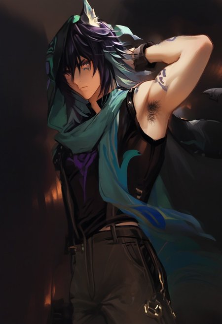 1boy, solo, male focus, animal ears, animal ear fluff, fox ears, ororon_(genshin_impact), black hair, spiky hair, messy hair, purple tint hair, green highlight, multicolored hair, wolf cut hair, hair between eyes, bangs, tan skin, Heterochromia, one green eye, one purple eye, facial marks, facial tattoo, fox boy, detailed eyes, satisfaction, satisfied, neutral, horny, pensive face, neutral expression, neutral eyebrow looks, band aids, band aid, fully clothed, 
dark theme, indoor, bathroom tiles, intense shadow, intimidating, chest close to viewer, dark light, no light, shadow, 
hairy thigh, hairy, blond armpit hair, 
drying, dressing, looking away from viewer
rating PG, score_9,score_8_up,score_7_up, source_anime, male focus, Muscular,
slim, skinny,
thigh, manly, tall, detailed eyebrow, sharp eyebrows, focus on thigh, thigh focus, dark theme, dim light, random view, view from below
