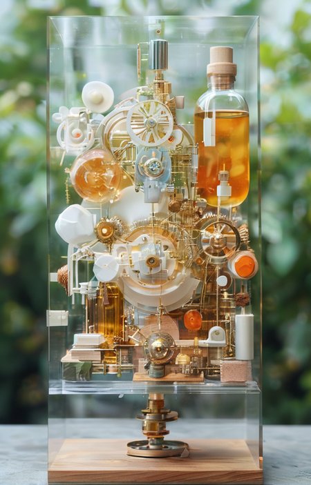masterpiece,best quality,<lora:tbh244-sdxl:0.9>,illustration,style of Exploded assembly
 A bottle of perfume in garden