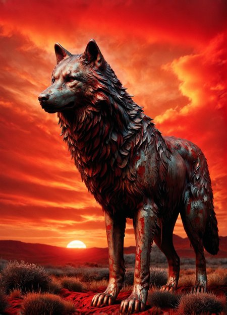 A lone ais-trnshd wolf silhouetted against a blood-red sunset <lora:ais-trnshd-sdxl:1>