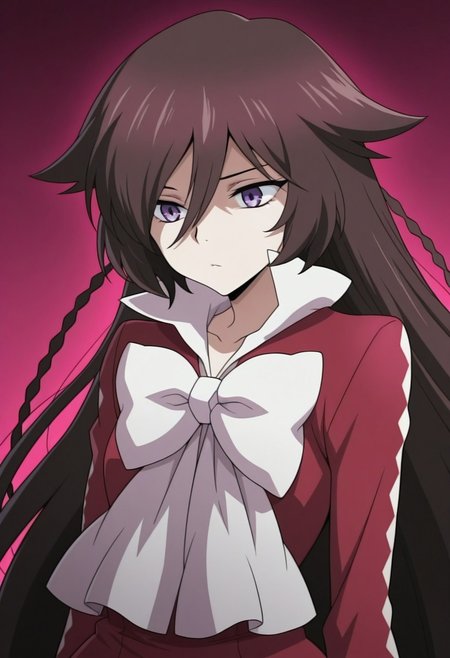 masterpiece,best quality,amazing quality, source_anime, 
PHalic, 1girl, solo, purple eyes, brown hair, very long hair, braid, dress, red dress, bow, white bow,
