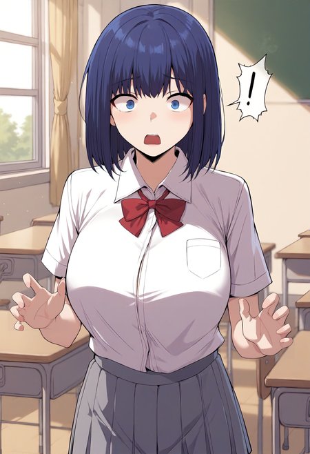 score_9, score_8_up, score_7_up, score_6_up, source_anime, rating_explicit, 1girl, (solo:1.1), huge breasts,<lora:Na Min-jeong prefectPonyxl:0.9> blue eyes, medium hair, blue hair, white shirt, school uniform, collared shirt, short sleeves, grey skirt, pleated skirt, surprised, classroom, indoors, looking at viewer
