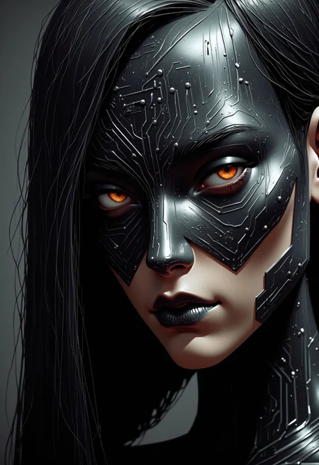 Super face Closeup Portrait,(cyberpunk face augmentation:1.45), (black color circuit board tattoos:1.5 on face), epic skin detailes, Sci-fi Darkness By He Xiaofeng, a quiet Fighter, feudal Ninja,, robotic shinobi suit, (style Katy Grannan:1.35) , Satin texture, (Glitchy:1.5) (Foggy:1.35), (Harsh lighting:1.4)
, ShStyRobVal