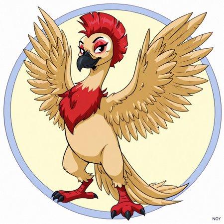 Neopets, circle background, solo, cartoony
brown with a white head vulture in the style of neopets, no ears, black beak, big red mohawk, red tail, red eyeshadow, red wing tips