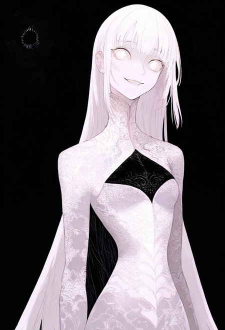 solo, looking at viewer, white eyes, upper body, black background, 1girl, long white hair, extremely pale skin, smiling, 
, ,,,, masterpiece,best quality,very aesthetic,absurdres
 <lora:monfornoob:0.95>