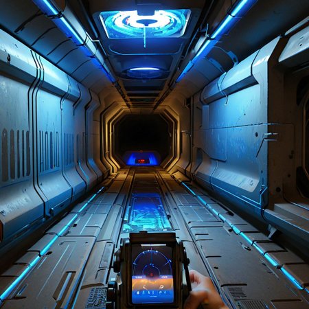 crawling through a metal ductway with a m314mtn blue glow, m314mtn, holding_tracker, holding, pov, trackerscreen