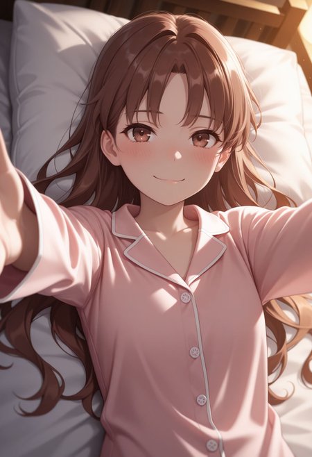 masterpiece,best quality,absurdres,highres,very aesthetic,high quality,detailed,insanely detailed,beautiful,perfect lighting, looking at viewer, smile, 
 <lora:Shirai illu:1>1girl, hair down, long hair, brown hair, brown eyes, on bed, frown, indoors, blush, pajamas, , closed mouth, upper body, reaching arms, lying down,