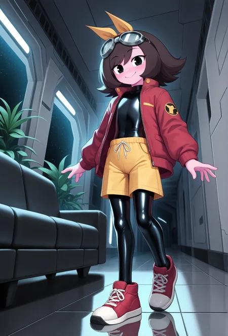 masterpiece,best quality,amazing quality, <lora:marigold_cabronpr_noob_v1.1f:1> marigold, 1girl, solo, hairbow, no nose, black eyes, goggles on head, smile BREAK
red jacket, open jacket, bodysuit, yellow shorts, bodysuit under clothes, red sneakers, science fiction, spacecraft interior, plant, reflective floor, dark, low lighting, dim lighting, hallway, couch