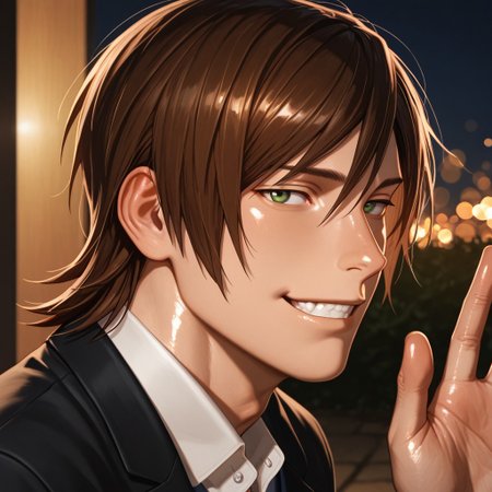 masterpiece, best quality, amazing quality, absurdres, newest, detailed background, definition so sharp, Ultra-HD, 8K cinematic, very awa, impressionate, amazing quality, highres, 
solo, male focus, manly, shadow, shiny skin, mature male, extream close-up, soft coloring,
shibukikujira, shibuki_brunette, shibuki_green eyes, 1boy, middle hair, white collared shirt, blue vest, black blazer, bokeh, night, serene, from side, looking at viewer, smile, teeth, waving,