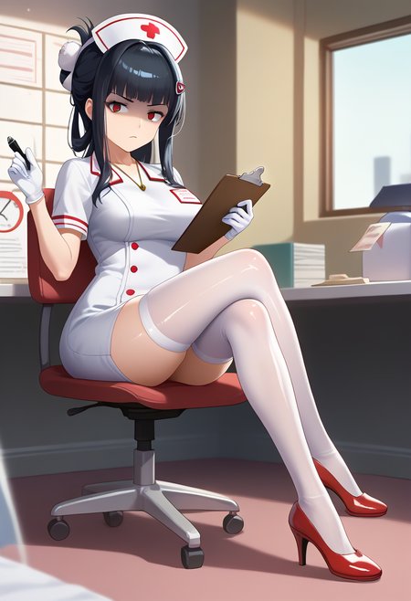 score_9, score_8_up, score_7_up, source_explicit, source_anime,
BREAK
1girl, solo,  crossed legs, 
<lora:d-nikke-richy-v1_pdxl:0.8>, dwife, black hair, long hair, blunt bangs, hairclip, hair ornament, sidelocks, red eyes, necklace, unworn mask,  white gloves, white thighhighs, 
nurse cap, nurse, clipboard, holding clipboard, pen, high heels, 
looking at viewer, shadow, shaded face, angry, 
shiny skin, skindentation, 
BREAK
depth of field, lights, illumination, 
<lora:GoddessofNikkie_PonyXL:0.5>, Nikkedusk_Style,
<lora:naipony_v3:0.8>,
<lora:darkstyle:0.8>, neodark