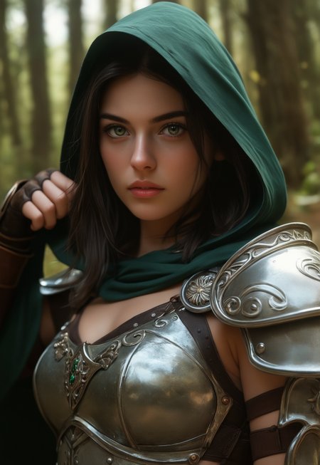 (score_9, score_8_up, score_7_up), beautiful, female, ultrarealistic, soft lighting, 8k, ((perfect face:1.4, eyebrows)), ((facing viewer:1.2, looking at viewer:1.3, face focus, perfect face)), (fantasy, warrior, fantasy warrior, armor, silver armor over green leather, cloak, hood, gorgeous, beautiful, in forest), 
(((((upper body, action pose)))))
 <lora:Dynamic Poses:1>
 <lora:detailed_notrigger:1>
((full clothed))