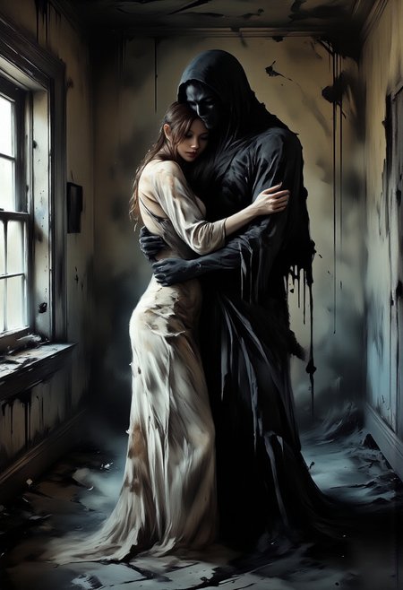 the focus of the picture is a petite-looking, elegant woman. dressed in a slightly dirty, old, white, floor-length dress. the head is slightly lowered. her long hair, somewhat disheveled, falls over her face. Behind her you can see the horror silhouette of a dark looking black apparition. The silhouette combines all the hate, pain and sadness of the woman. The silhouette puts her arms on the woman's body from behind and hugs her. The woman is standing in a room of a dirty, old abandoned house. from side, aidmamj6.1, sh4dowre4lm, uocssh4dowre4lm, shadowrealm, shadow realm, dark, horror, fear, darkest, nightmare, dinkwfsn, DonM5h4d0wM317FX, DDF-Lora