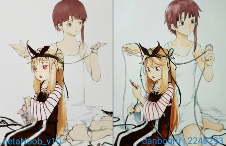 masterpiece, very awa, high quality, 2girls,:o,absurdres,bare arms,barefoot,blonde hair,brown eyes,brown hair,cable,camisole,creator connection,crossover,dress,hair ornament,hair ribbon,hairclip,highres,iwakura lain,long hair,long sleeves,looking away,multiple girls,open mouth,pinafore dress,red eyes,ribbon,ryushika,ryushika ryushika,serial experiments lain,shirt,short hair,sidelocks,sitting,sleeveless,sleeveless dress,striped clothes,striped shirt,third-party source,wariza,yasu \(shijimi 8\), iwakura