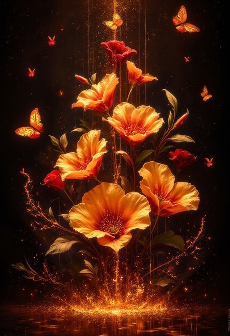 ArsMJStyle, impressionism, Ukiyo-e, A surreal and painterly composition featuring **radiant golden bleeding hearts flowers** and **luminescent, ethereal butterflies glowing with  crimson hues** against a pitch-black background. The flowers exude a vivid metallic sheen. The petals are dripping amber nectar. The butterflies pulse with an otherworldly golden-red light, and their wings are traced with intricate fiery patterns.
The atmosphere is enhanced by a dreamy **bokeh effect** that scatters soft glimmers of gold and crimson throughout the composition, creating depth and a sense of quiet wonder. The interplay of **rich golden highlights and deep black shadows** evokes an enchanting, almost mystical ambiance. Subtle embers float in the air, adding a dynamic, surreal quality to the scene.
The overall aesthetic is vivid yet balanced, emphasizing the **contrast between the glowing warmth of the flowers and harshness of the surrounding butterflies**. Rendered in **8K ultra-detail**, the textures are hyper-realistic, while the colors glow with an intense vibrancy, embodying an elegant harmony of surreal beauty and luxurious simplicity.
