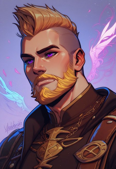 score_9, score_8_up, score_8, score_7_up, score_7, score_6_up, score_6, score_5_up, Score_5, a man, blonde hair, blonde beard, long beard, decorated beard, mohawk, purple eyes, helmet with decorative wings, Viking aesthetic, glowing rune armor, raven, vox machine style, 1boy, male focus, solo, portrait, village background, fantasy, (dynamic lighting:1.1)
((masterpiece))