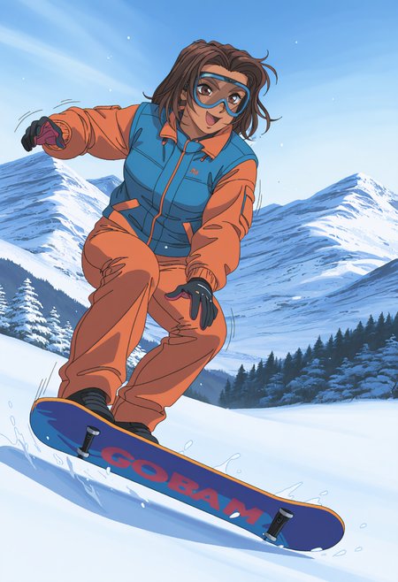 highres, best quality, masterpiece,
1girl, solo, pixel art, 1990s \(style\), brown hair, brown eyes, dark-skinned female,
<lora:_megumi_galspanic-elesico-ilxlEa_1:1>  outdoors, snow, mountain, googles, orange jacket, blue vest, orange pants, open mouth, smile, snowboard, snowboarding, motion lines, two-tone gloves, black gloves,
