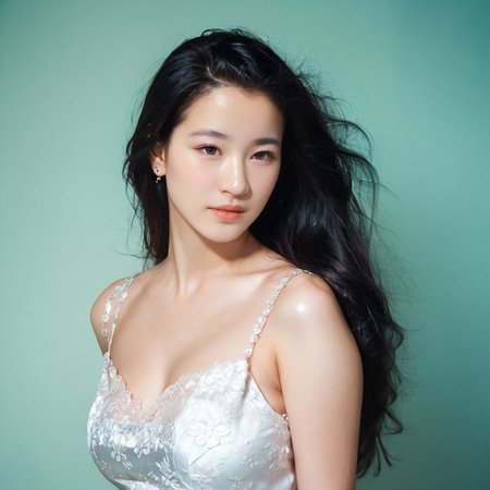 [1]a stunning real medium breasts Korean woman with long, flowing dark hair, her piercing gaze directly addressing the viewer. score_9, score_8_up, score_7_up, 4k, high quality, (best quality:1.1), realistic, photorealistic, close-up, upper body, (ultra HD quality details), High Fashion, A highly detailed, realistic digital photo of a Korean woman 28yo with a pale complexion, emphasizing her enigmatic and mystical aura,, high resolution, rich textures, and contemplative mood. Her eyes are a deep piercing and  brown, dynamic, dramatic, haute couture, elegant, ornate clothing, dark straight hair in an elegant updo with a few loose strands framing her face, wearing a high-collared garment with floral patterns in a dark, against a cyan gradient background, <lora:AikoPonyGMV1:1:lbw=OUT03,OUT04,OUT05>, Aiko, <lora:yamamura_sadako_pdxl_goofy:0.7:lbw=IN01,IN02,IN04,IN05,IN07,IN08,MID>, Realistic photograph, Movie light, film grain, <lora:add-detail-xl:0.5>, <lora:Expressive_H-000001:1.2>, <lora:IzayoiLycoXL:0.3>, embedding:pureerosface_v1, clean white dress, a stunning real medium breasts Japanese woman with long, flowing dark hair, her piercing gaze directly addressing the viewer.