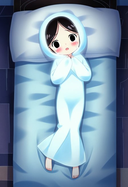 zPDXL3, source_cartoon, Perfect Hands, full body,
1girl, solo, bedroom, looking at viewer, saoirse, black hair, black eyes, blush, ghost, hood up, robe, barefoot, glowing, lying on bed, from above, lying on side, facing at viewer, feeling cold, eyes open, crying sadly, open mouth, sleeve past wrist, slim body, long body, highlight cloth wrinkle, anime style, hugging a shell,
<lora:Perfect Hands:1>  <lora:Saoirse_-_The_Song_of_the_Sea-000009:1>
