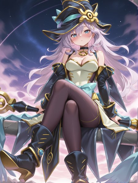 nightmare apprentice, 1girl, solo, staff, holding staff, cleavage, black boots, looking at viewer, medium breasts, blush, white leotard, black choker, black detached sleeves, black pelvic curtain, cyan bow, black bodystocking, black witch hat, crossed legs
masterpiece,best quality,amazing quality,very aesthetic,absurdres,newest,<lora:Nightmare Apprentice illuXL v1:0.7>,