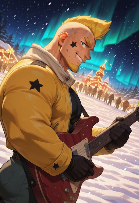 mbtiesfp, 1boy, blonde, short hair, black star on face,, yellow jacket, white winter coat, winter gloves, black shirt, looking at viewer, smirk, grin, happy, brawlStars, in the amusement park, pants, portrait, half body, upper body, blue eyes, shaved mohawk, source_cartoon, 2d, bara, manly, muscular, 3/4 view, night sky, aurora in the sky, snow, playing guitar, {{holding red electric guitar}}, in the concert, ((floating colorful muscial notes)), snowstorm, Side View, Pec focus, left view, warm lighting, with people walking background, {{colorful glowing musical notes}}, yellow eyebrows, yellow chin hair, facial hair, dutch angle, Vinlandsagastyle-IL.V1.0