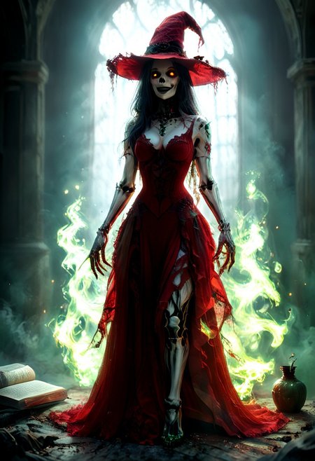 An undead necromancer woman skeleton wearing an wearing reij-rosie, red dress and hat standing a gothic laboratory in full body view, holds a magic book glow with a bluish flame. The woman looks at the cauldron with an evil smile, surrounded by glowing green flames, trapped glowing luminous fae creatures in jars, in dark fantasy style, fantasy concept art, dramatic lighting, cinematic, hyper realistic, sharp focus, ultra high resolution, sharp details, vibrant colors, masterpiece, best quality, highly detailed, sharp focus, dynamic lighting,HKMagic,novuschroma60 style bokeh