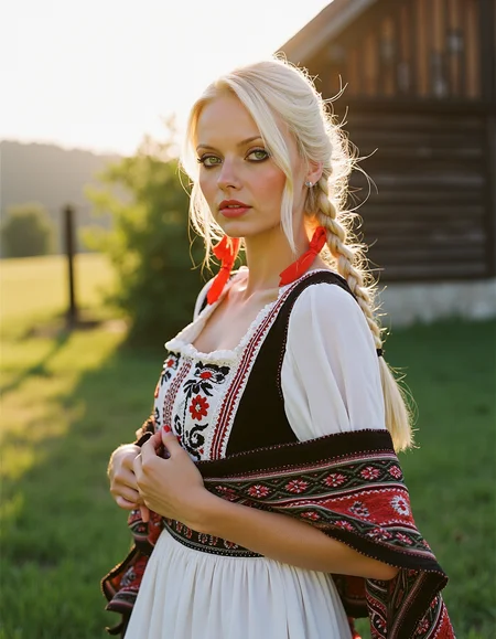 analog photography, shot by Kodak Duaflex II, ultra detailed, ultra quality, cinematic,  a mesmerizing woman with platinum blond hair woven into an elegant braid, adorned with bright red ribbons, standing in a lush meadow. She wears a traditional Romanian blouse (ie) with intricate black and red embroidery, symbolizing fertility and protection. Her flowing white skirt features delicate floral lace along the hem, and a wide, beaded belt accentuates her waist. Over her shoulders, she drapes a vibrantly woven wool shawl with geometric patterns. Her gaze is soft and mysterious, her Slavic cheekbones illuminated by the golden sunset as she stands near a quaint wooden village.  <lora:Janacovaxhres-grm80vx:1> jancov