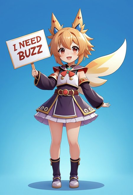 Klee_(Genshin_Impact) holding a sign that says "I need Buzz", cute pose, happy expression, full body, detailed anime style, soft lighting, vibrant colors, clean background, poster clearly visible, high detail, dynamic composition, fantasy outfit
