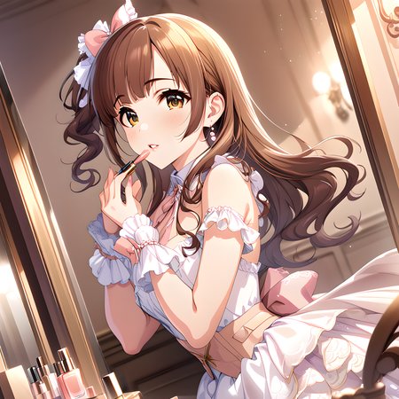 (masterpiece),(best quality),(ultra-detailed),(best illustration),(best shadow),(absurdres),(detailed background),(very aesthetic)kyoko igarashi, dressoutfit, 1girl, solo, brown hair, long hair, wrist cuffs, cosmetics, dress, mirror, looking at viewer, lipstick tube, pink lips, parted lips <lora:Kyoko_Igarashi__äºååµé¿å­_-_The_Idolmster_Cinderella_Girls__ã¢ã¤ãã«ãã¹ã¿ã¼ã·ã³ãã¬ã©ã¬ã¼ã«ãº_SDXL_Animagine_XL_3.1:1>