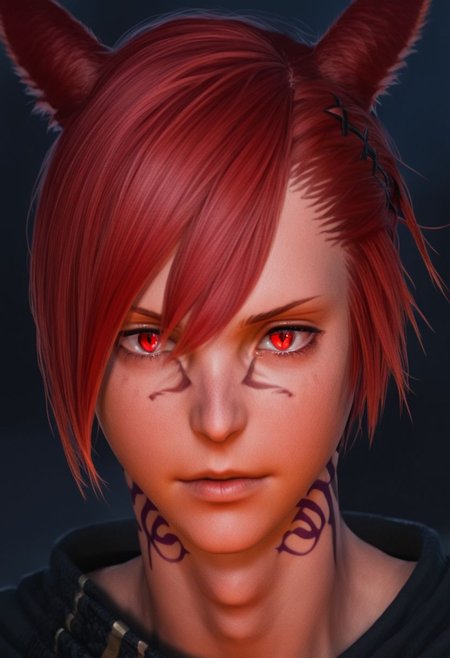 grahatiaffxivdsk, 1boy, male focus, solo, animal ears, red eyes, red hair, tattoo, miqo'te, neck tattoo, cat ears, looking at viewer, hair between eyes, facial mark, hair ornament, x hair ornament, bangs, holding, glowing, slit pupils, braid, short hair, portrait, jewelry, short ponytail, cinematic angle, cinematic lighting, best anatomy, official art, masterpiece, best quality